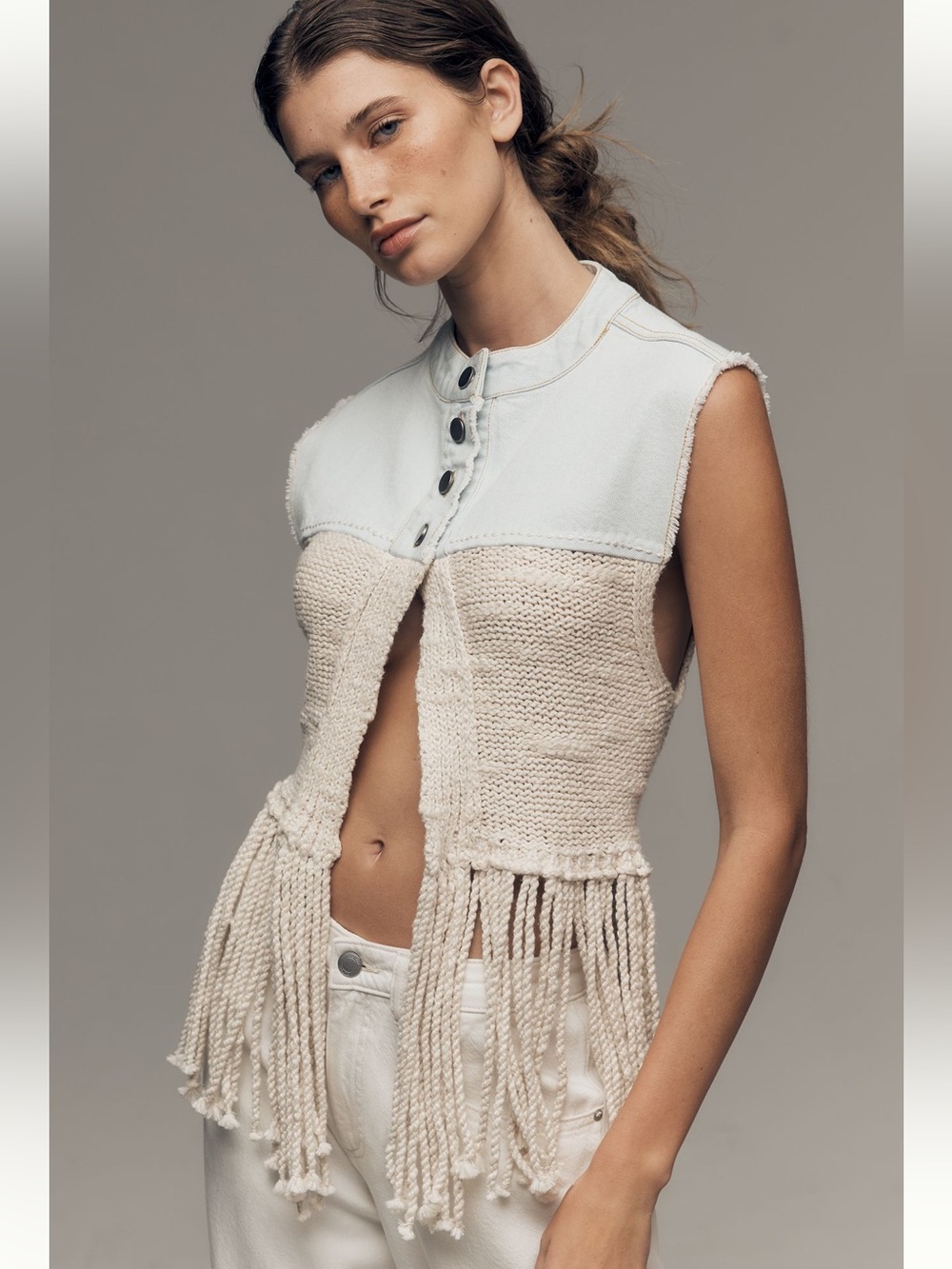 Cream Crochet Fringe Knit Vest with White Denim Yoke